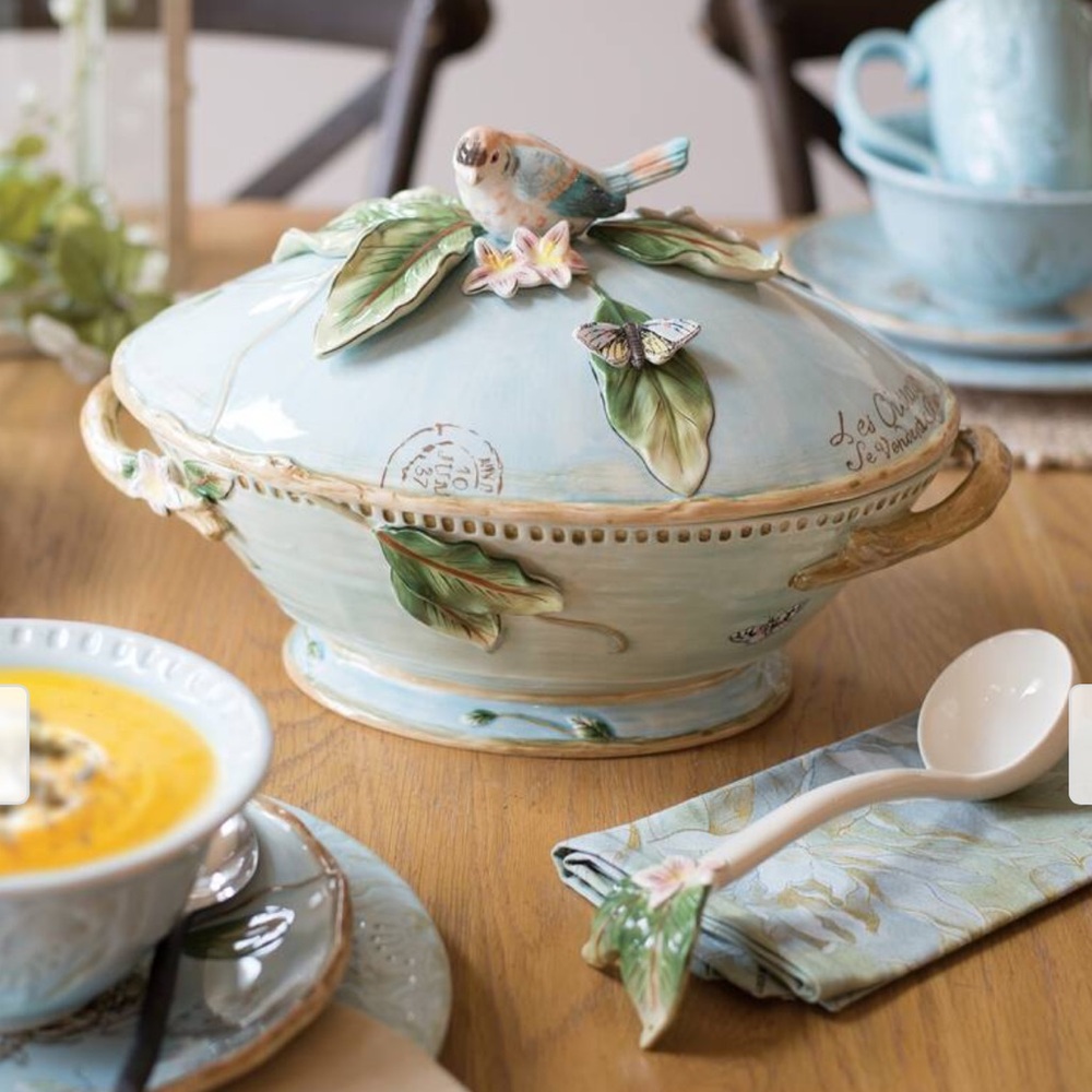 Fitz and Floyd Blue Tureen with Bird and Leaf Design